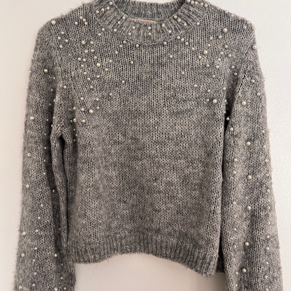 Urban Outfitters Gray Crew Neck Sweater with pearl Details